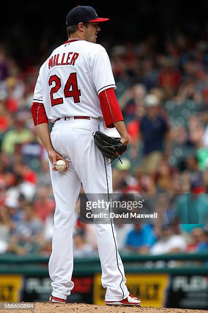 Andrew Miller of the Cleveland Indians pitches against the Minnesota Twins in the sixth inning at Progressive Field on August 4, 2016 in Cleveland,...