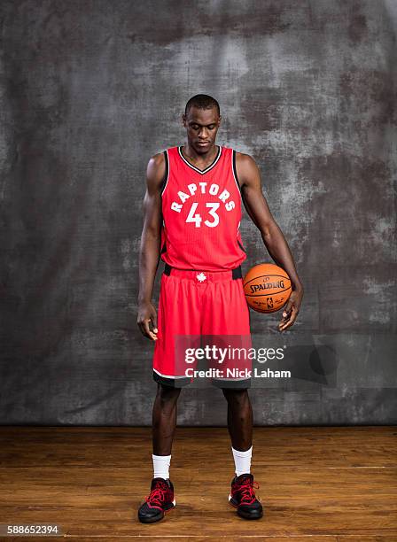 Pascal Siakam of the Toronto Raptors poses for a portrait during the 2016 NBA Rookie Photoshoot at Madison Square Garden Training Center on August 7,...