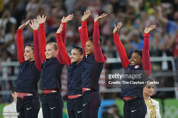 Gymnastics - Olympics: Day 4 The United States team of Alexandra Raisman, Madison Kocian, Lauren Hernandez, Gabrielle Douglas and Simone Biles on the...
