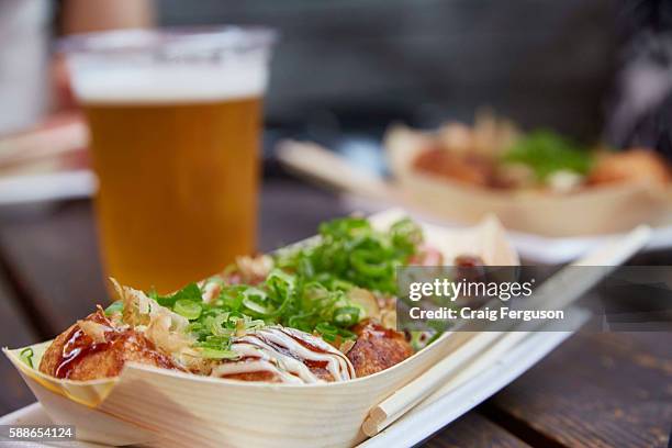 Takoyaki are a batter made of wheat flour filled with octopus, green onion, pickled ginger and tempura scraps. They are cooked in a special pan, and...