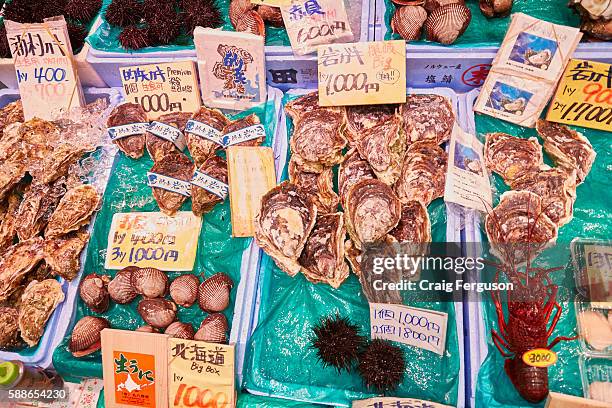 Food for sale at Kuromon Ichiba Market. The market is known as Osaka's Kitchen, and offers a large variety of fresh and cooked food.