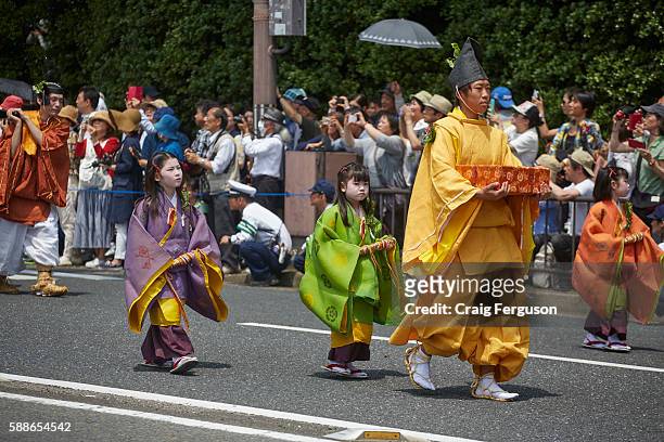Procession during the Aoi Matsuri. The festival is held on 15 May each year and is one of the 3 major festivals of Kyoto. The route begins at the...