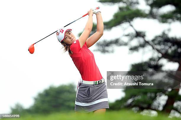 Ayaka Watanabe of Japan hits her tee shot on the 4th hole during the first round of the NEC Karuizawa 72 Golf Tournament 2016 at the Karuizawa 72...