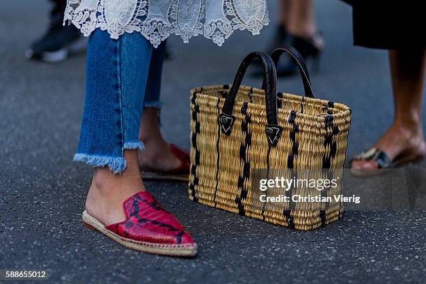 Straw bag outside Baum und Pferdgarten during the second day of the Copenhagen Fashion Week Spring/Summer 2017 on August 11, 2016 in Copenhagen,...