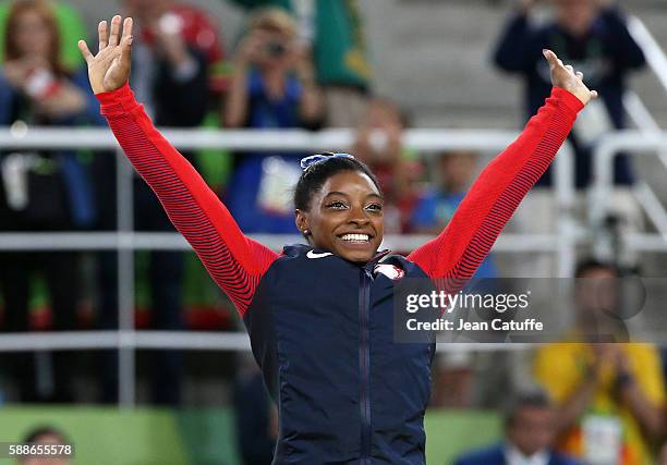 Gold medalist Simone Biles of USA poses during the medal ceremony for the Women's Individual All-Around Final on day 6 of the Rio 2016 Olympic Games...