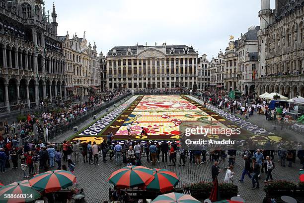 Grand Place square of Brussels is turned into a giant Japanese-themed carpet, made up of 600,000 begonias and dahlia flowers, in Brussels, Belgium on...