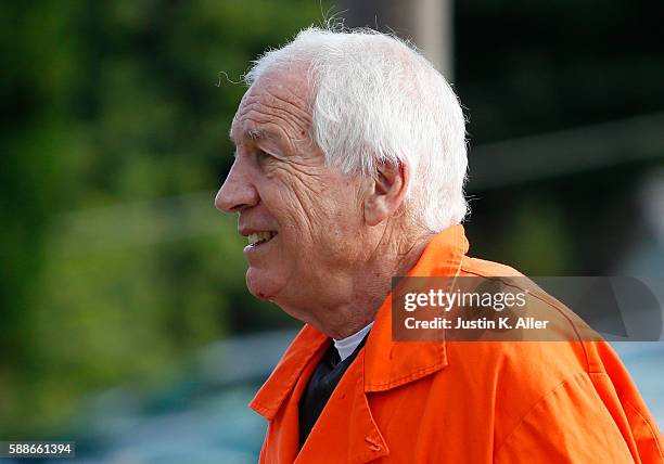 Jerry Sandusky enters the Centre County Courthouse to appeal his child sex abuse conviction on August 12, 2016 in Bellefonte, Pennsylvania. Sandusky...