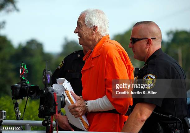 Jerry Sandusky enters the Centre County Courthouse to appeal his child sex abuse conviction on August 12, 2016 in Bellefonte, Pennsylvania. Sandusky...