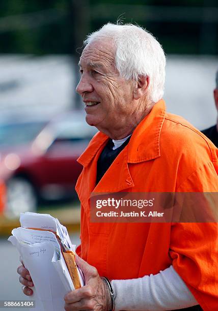 Jerry Sandusky enters the Centre County Courthouse to appeal his child sex abuse conviction on August 12, 2016 in Bellefonte, Pennsylvania. Sandusky...