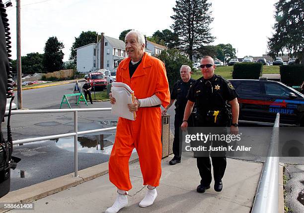 Jerry Sandusky enters the Centre County Courthouse to appeal his child sex abuse conviction on August 12, 2016 in Bellefonte, Pennsylvania. Sandusky...