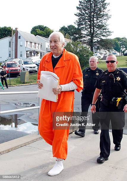 Jerry Sandusky enters the Centre County Courthouse to appeal his child sex abuse conviction on August 12, 2016 in Bellefonte, Pennsylvania. Sandusky...