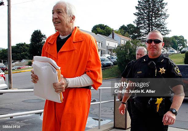 Jerry Sandusky enters the Centre County Courthouse to appeal his child sex abuse conviction on August 12, 2016 in Bellefonte, Pennsylvania. Sandusky...