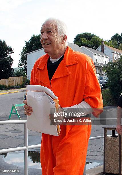 Jerry Sandusky enters the Centre County Courthouse to appeal his child sex abuse conviction on August 12, 2016 in Bellefonte, Pennsylvania. Sandusky...