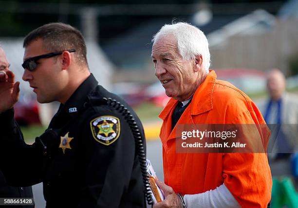 Jerry Sandusky enters the Centre County Courthouse to appeal his child sex abuse conviction on August 12, 2016 in Bellefonte, Pennsylvania. Sandusky...