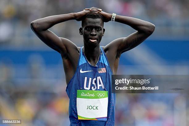 Charles Jock of the United States reacts after competeing in round one of the Men's 800 metres on Day 7 of the Rio 2016 Olympic Games at the Olympic...