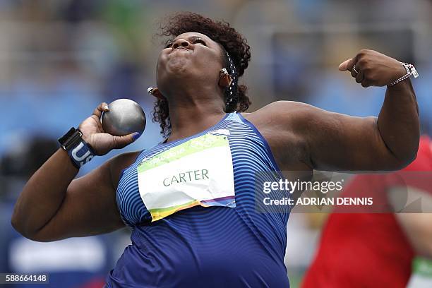 S Michelle Carter competes in the Women's Shot Put Qualifying Round during the athletics event at the Rio 2016 Olympic Games at the Olympic Stadium...