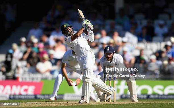 Asad Shafiq of Pakistan hits out for six runs during day two of the 4th Investec Test between England and Pakistan at The Kia Oval on August 12, 2016...