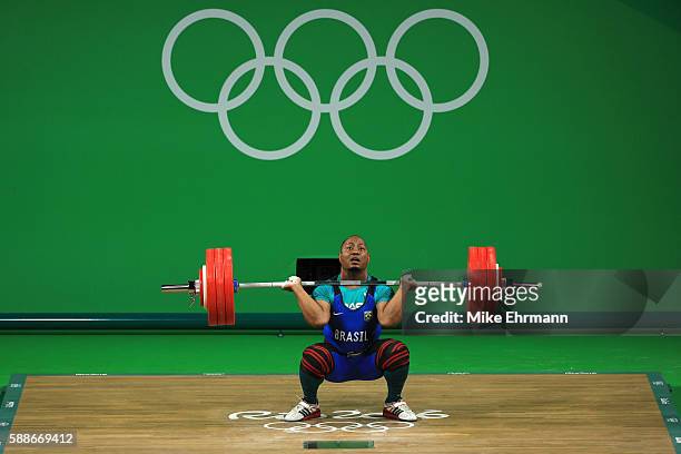 Welisson Rosa Da Silva of Brazil in action during the Weightlifting - Men's 85kg Group B on Day 7 of the Rio 2016 Olympic Games at Riocentro -...