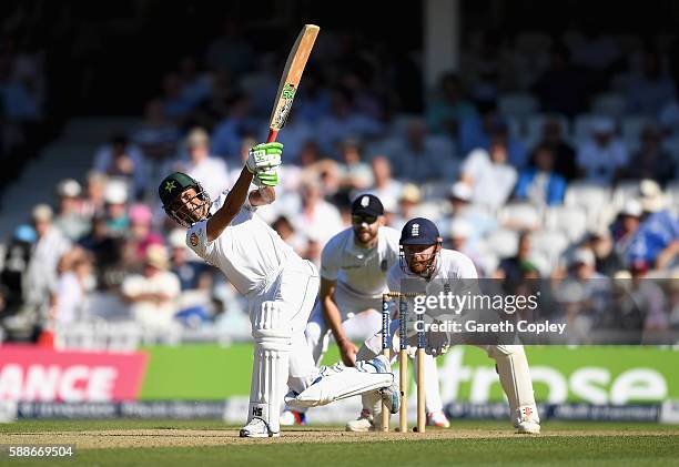 Younis Khan of Pakistan hits out for six runs during day two of the 4th Investec Test between England and Pakistan at The Kia Oval on August 12, 2016...