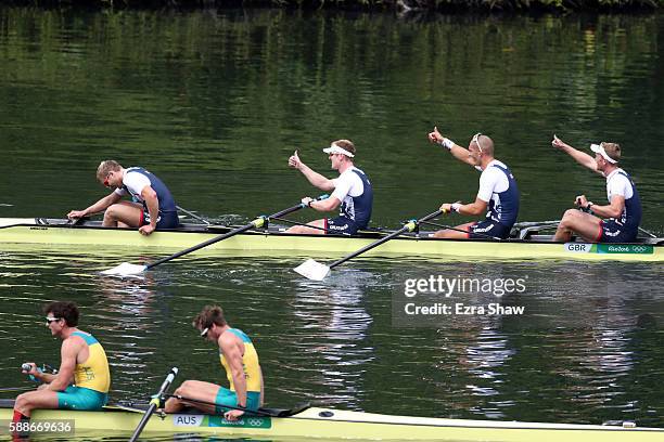 Alex Gregory, Mohamed Sbihi, George Nash and Constantine Louloudis of Great Britain compete in the Men's Four Final A on Day 7 of the Rio 2016...