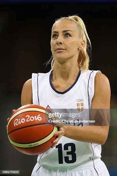 Milica Dabovic of Serbia attempts a free throw shot against China during the women's basketball game on Day 7 of the Rio 2016 Olympic Games at the...