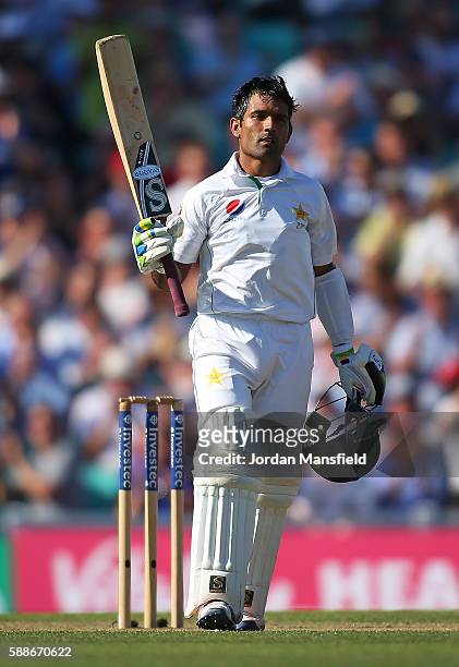 Asad Shafiq of Pakistan celebrates his century during day two of the 4th Investec Test between England and Pakistan at The Kia Oval on August 12,...