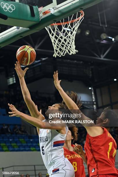 Serbia's forward Sonja Petrovic goes to the basket between China's guard Wu Di and China's centre Huang Hongpin during a Women's round Group B...