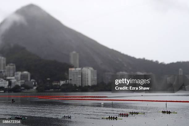 Rowers compete in the during the Men's Four Final B on Day 7 of the Rio 2016 Olympic Games at Lagoa Stadium on August 12, 2016 in Rio de Janeiro,...