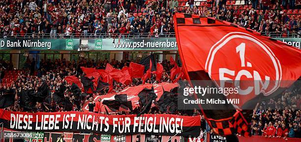 Nuernberg fans show a banner during the Second Bundesliga match between 1. FC Nuernberg and 1. FC Heidenheim 1846 at Arena Nuernberg on August 12,...