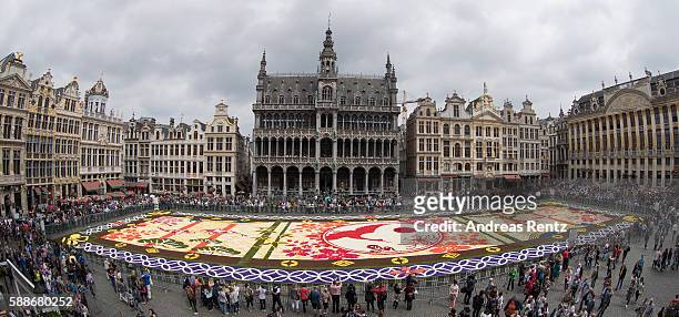 Giant flower carpet is pictured within the celebrations of 150 years of Belgo-Japanese relations and features a Japanese design in honour of the...