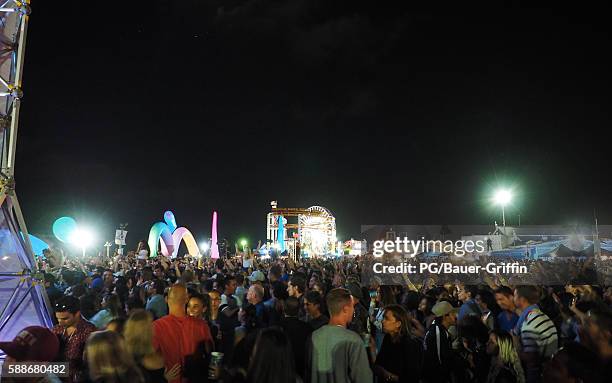 General view of atmosphere at the Rufus du Sol concert on the Santa Monica Pier on August 11, 2016 in Los Angeles, California.