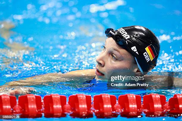Dorothea Brandt of Germany reacts in the Women's 50m Freestyle heat on Day 7 of the Rio 2016 Olympic Games at the Olympic Aquatics Stadium on August...