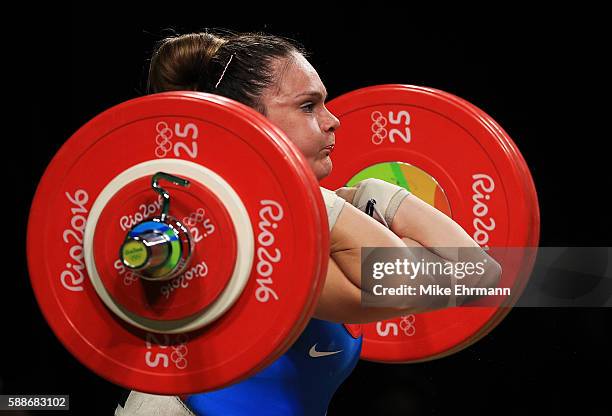 Maria Fernanda Valdes Paris of Chile in action during the Weightlifting - Women's 75kg Group B on Day 7 of the Rio 2016 Olympic Games at Riocentro -...