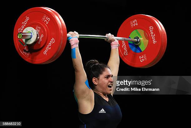 Sona Poghosyan of Armenia in action during the Weightlifting - Women's 75kg Group B on Day 7 of the Rio 2016 Olympic Games at Riocentro - Pavilion 2...