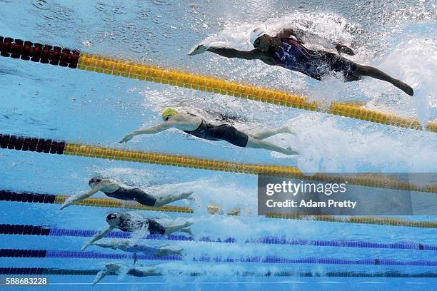 Simone Manuel of the United States, Cate Campbell of Australia and Francesca Halsall of Great Britain compete in the Women's 50m Freestyle heat on...