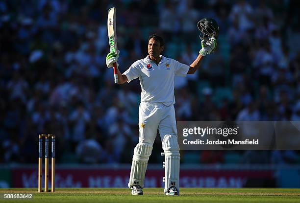 Younus Khan of Pakistan celebrates his century during day two of the 4th Investec Test between England and Pakistan at The Kia Oval on August 12,...