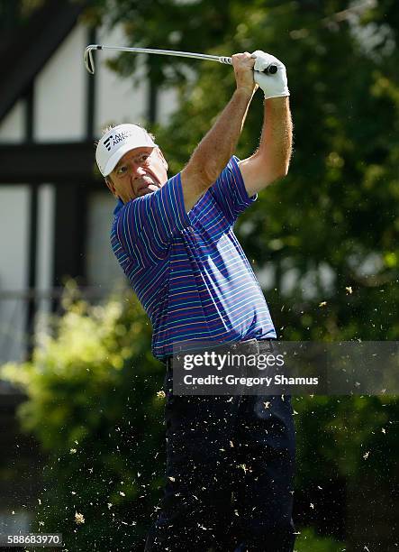 Joey Sindelar hits his tee shot on the fourth hole during the second round of the 2016 US Senior Open at Scioto Country Club on August 12, 2016 in...