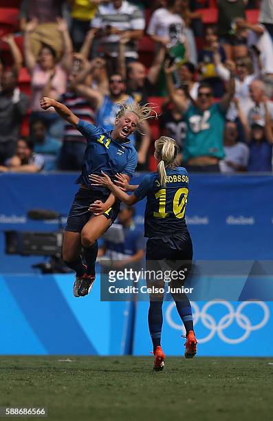Stina Blackstenius of Sweden celebrates her goal with teammate Sofia Jakobsson in the second half against the United States during the Women's...