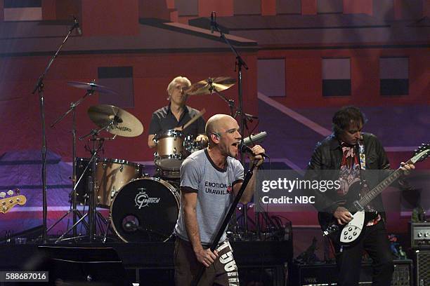 Episode 2582 -- Pictured: Musicians Michael Stipe, Bill Rieflin, and Peter Buck of rockband R.E.M. Perform --