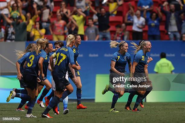 Stina Blackstenius of Sweden celebrates her goal with teammates in the second half against the United States during the Women's Football Quarterfinal...