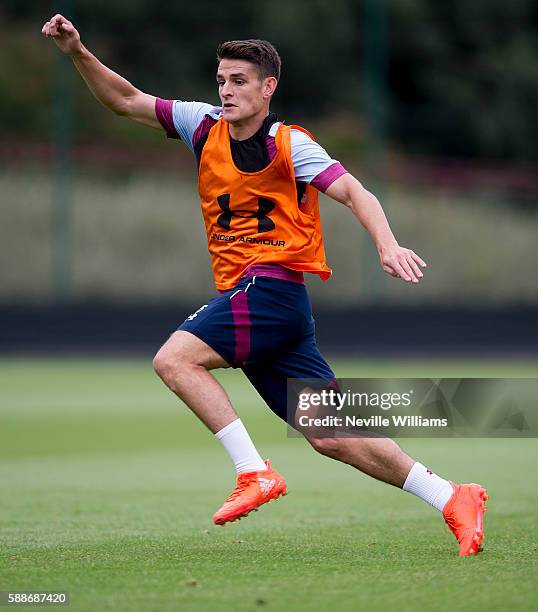 Ashley Westwood of Aston Villa in action during a training session at the club's training ground at Bodymoor Heath on August 12, 2016 in Birmingham,...