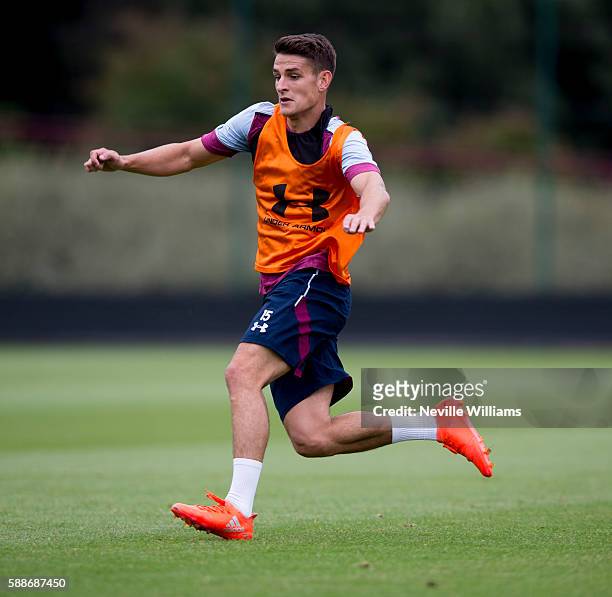 Ashley Westwood of Aston Villa in action during a training session at the club's training ground at Bodymoor Heath on August 12, 2016 in Birmingham,...