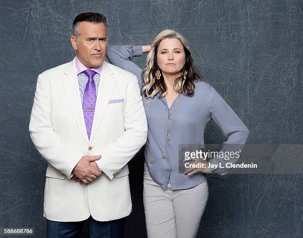 Actors Bruce Campbell and Lucy Lawless of 'Ash vs Evil Dead' are photographed for Los Angeles Times at San Diego Comic Con on July 22, 2016 in San...