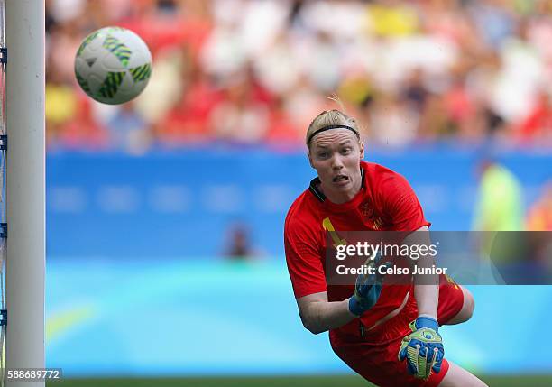 Hedvig Lindahl of Sweden defends the net against the United States in the second half during the Women's Football Quarterfinal match at Mane...