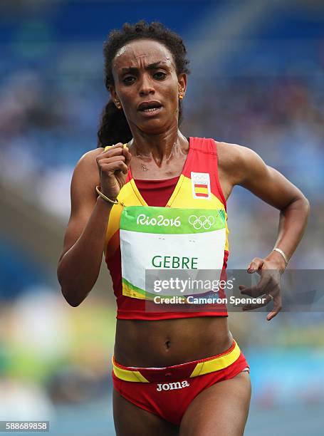 Trihas Gebre of Spain competes in the Women's 10,000 metres final on Day 7 of the Rio 2016 Olympic Games at the Olympic Stadium on August 12, 2016 in...