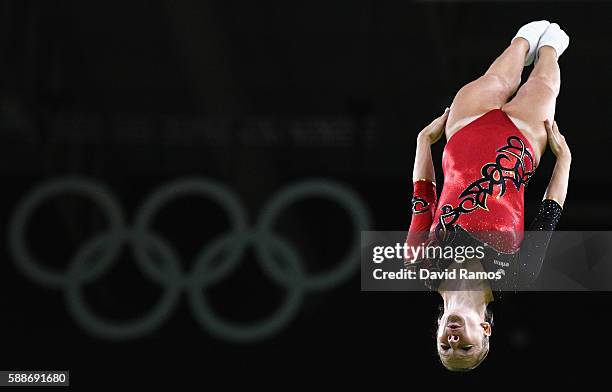 Leonie Adam of Germany competes during the Trampoline Gymnastics Women's Qualification on Day 7 of the Rio 2016 Olympic Games at the Rio Olympic...