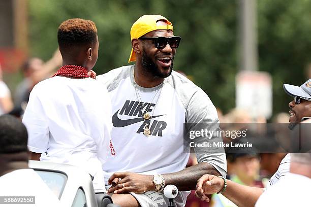 LeBron James of the Cleveland Cavaliers looks on during the Cleveland Cavaliers 2016 NBA Championship victory parade and rally on June 22, 2016 in...