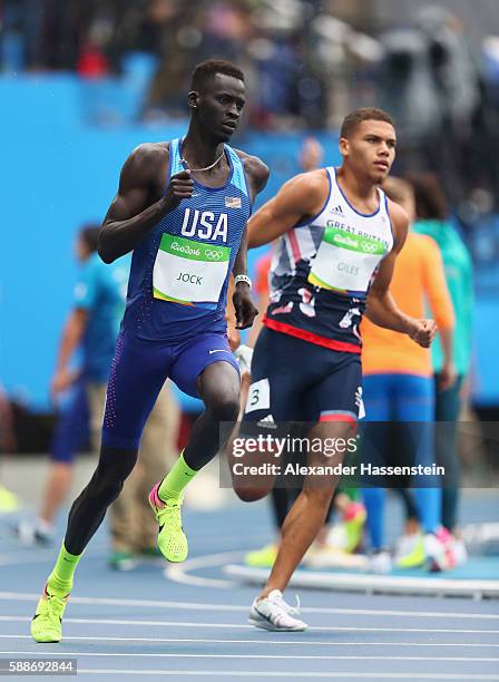 Charles Jock of the United States and Elliot Giles of Great Britain compete in round one of the Men's 800 metres on Day 7 of the Rio 2016 Olympic...