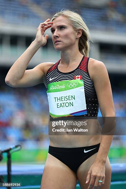 Brianne Theisen Eaton of Canada looks on during the Women's Heptathlon High Jump on Day 7 of the Rio 2016 Olympic Games at the Olympic Stadium on...