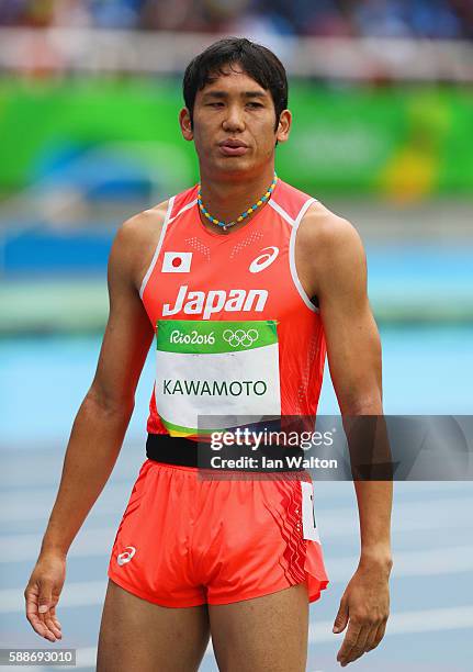 Sho Kawamoto of Japan reacts after competing in round one of the Men's 800 metres on Day 7 of the Rio 2016 Olympic Games at the Olympic Stadium on...